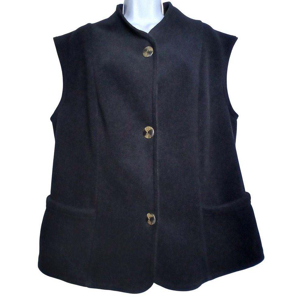 Janska Women L Black Polartec Fleece Vest Made USA Lagenlook Artsy Button Pocket